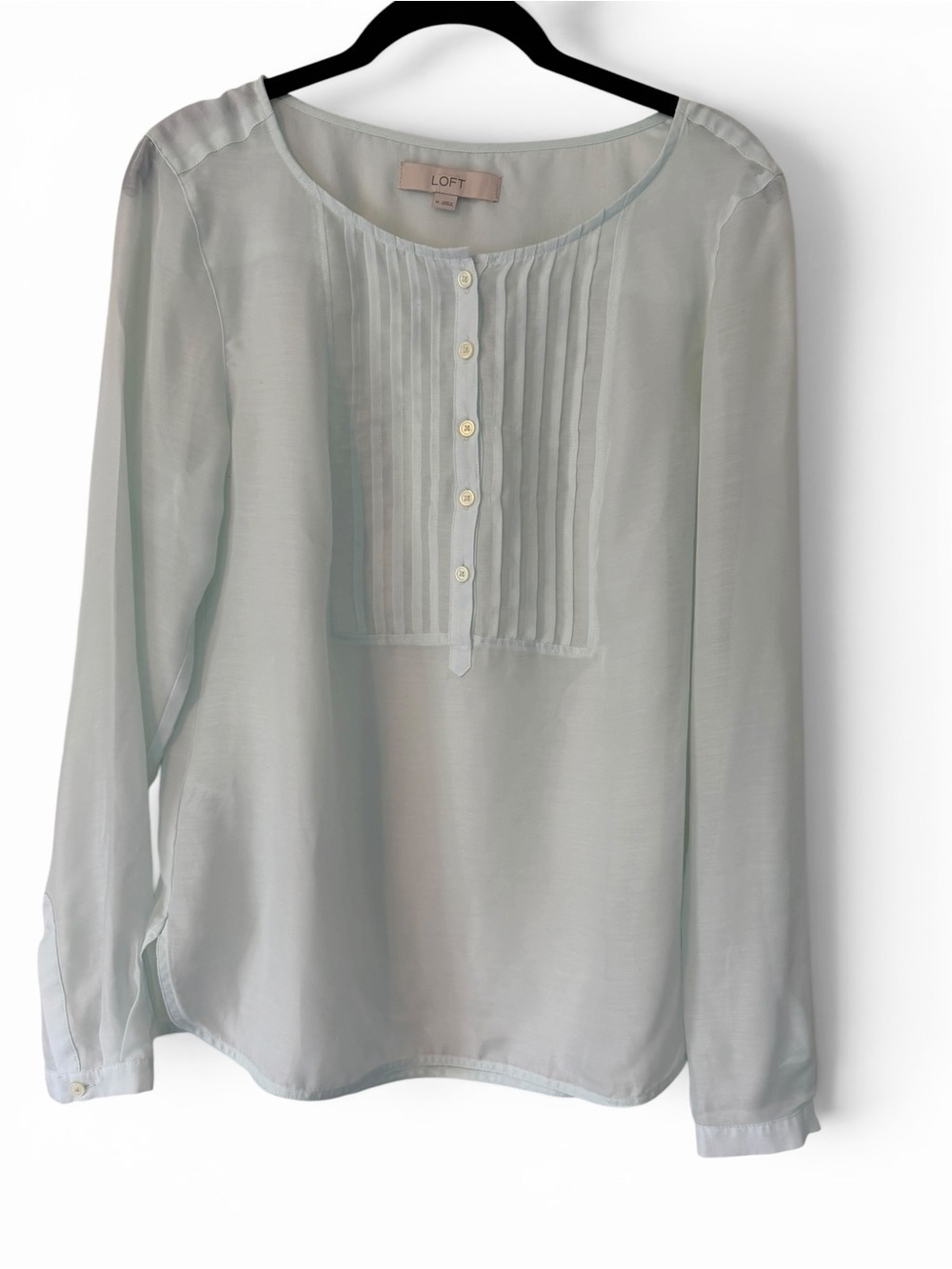 LOFT Light Blue Pleated Button Front Blouse Long Sleeve Top M